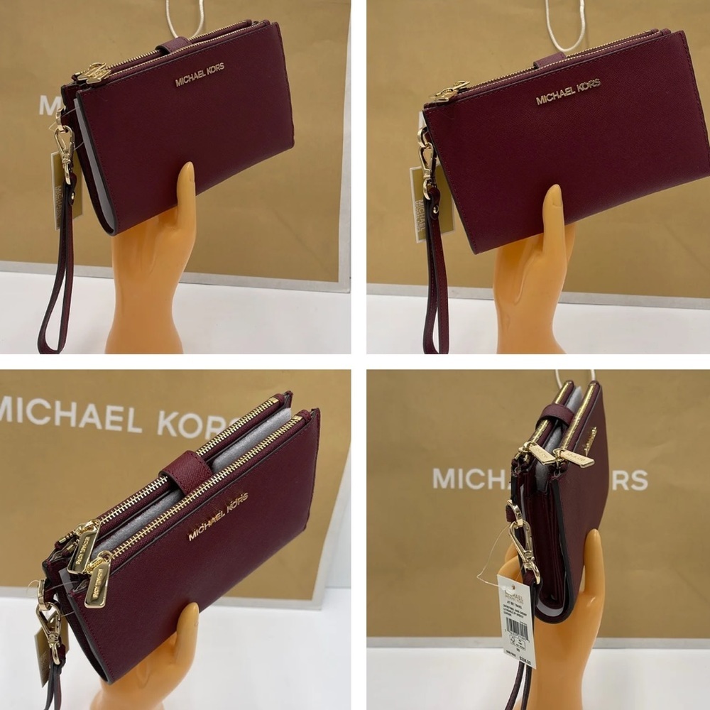 MICHAEL KORS LG DOUBLE ZIP WRISTLET DARK CHERRY MERLOT MULBERRY PHONE HOLDER NWT - Picture 14 of 16